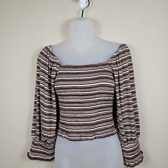 Anthropologie Square Neck Smocked Puff Sleeve Striped Top XS Ruffle 70s 80s Crop - Picture 2 of 14